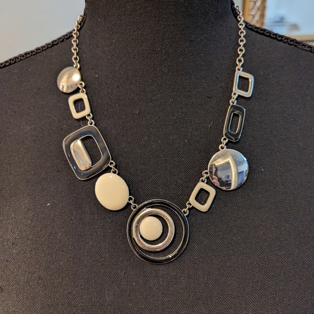 Lia Sophia Silver Black and Cream Geometric Statement Necklace